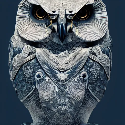 Prompt: Symmetrical painting of a fractured obsidian greek statue of an owl fixed with kintsugi, rendered in octane trending on cgsociety. Extremely detailed and intricate art