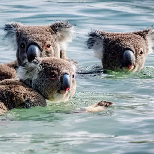 Prompt: 4 koalas swimming in the ocean as people watch