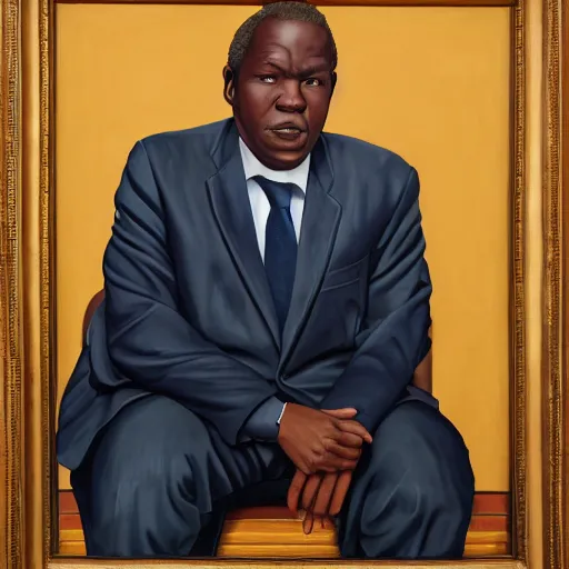 Prompt: a painting of a wide forehead, round face, XXL , smirky, fatherly, loving, caring, generous, ever-present, humble, wise elder from Kenya in a suit by Kehinde Wiley . Fatherly/daddy, focused, loving, leader, relaxed,. ethereal lights, details, smooth, sharp focus, illustration, realistic, cinematic, artstation, award winning, rgb , unreal engine, octane render, cinematic light, macro, depth of field, blur, red light and clouds from the back, highly detailed epic cinematic concept art CG render made in Maya, Blender and Photoshop, octane render, excellent composition, dynamic dramatic cinematic lighting, aesthetic, very inspirational, arthouse.