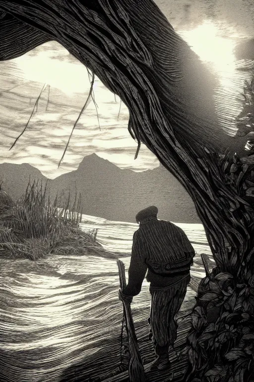 Prompt: a beautiful wood engraving on paper of an old hunched fisherman, 8 k, frostbite 3 engine, cryengine, dof, trending on artstation, digital art, crepuscular ray