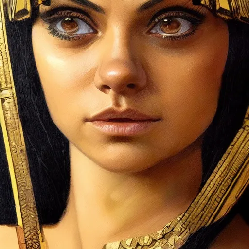 Image similar to a closeup portrait of a young mila kunis as cleopatra, gorgeous view, pyramid background, masterpiece, illustration by artgerm and greg rutkowski and alphonse mucha, digital art, trending on artstation