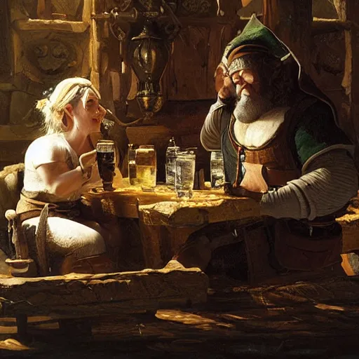 Image similar to An elf ranger and a dwarf berserker having drinks together in a tavern, baroque, oil on canvas, by Greg Rutkowski