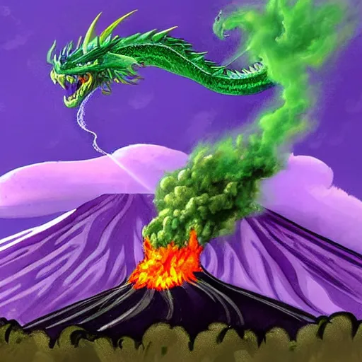 Image similar to a purple dragon blowing green fire fighting a retro spaceship with a volcano in the background, concept art by ken steacy