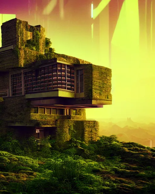 Image similar to a beautiful photorealistic rendering of abandoned blockhouse by frank lloyd wright, laser landscape fisheye sci - fi tron fantasy uv light junglepunk sunset universe magic realism cosmic rainforest evil sea darkacademia extraterrestial, archdaily, wallpaper, highly detailed, trending on artstation.