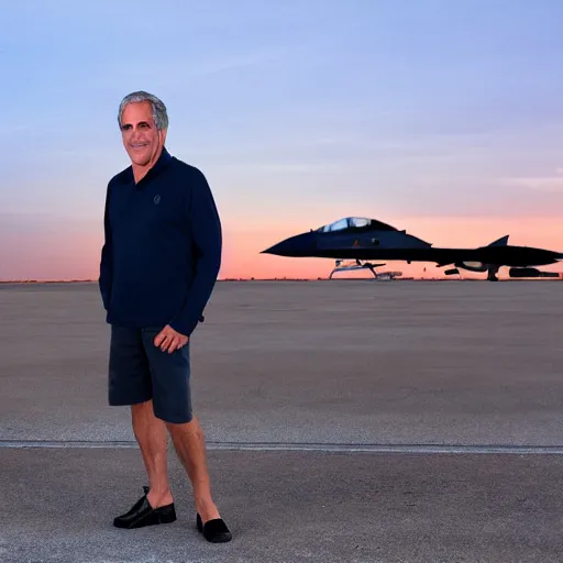 Image similar to happy jeffrey epstein, wearing a dark blue polo shirt, standing near fighter jet on an empty runway at dusk, high detail, volumetric lights, award winning photo