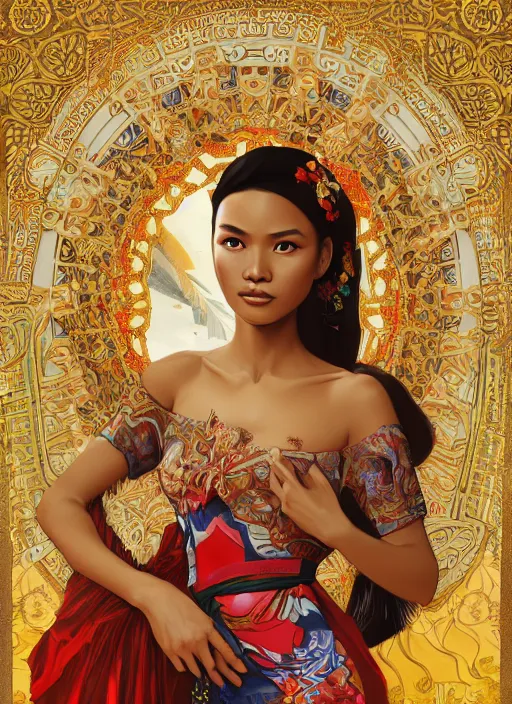 Image similar to portrait of an indonesian supermodels wearing traditional costume, highly detailed, digital painting, artstation, concept art, sharp focus, illustration, art by artgerm and james gurney and alphonse mucha
