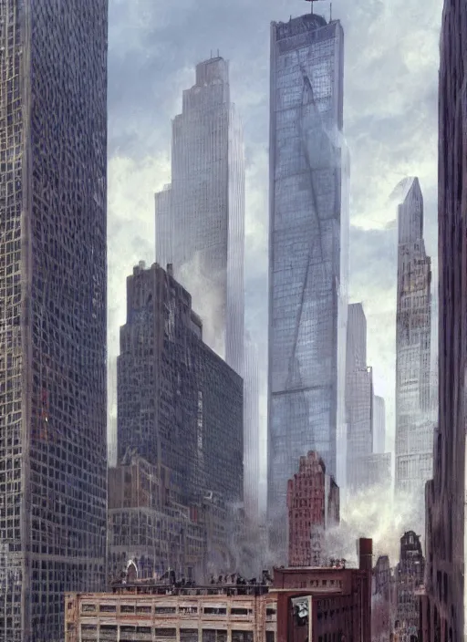 Prompt: the world trade centers in new york city, photo from 1 9 9 8, a realistic digital painting by greg rutkowski and james gurney, trending on artstation, highly detailed