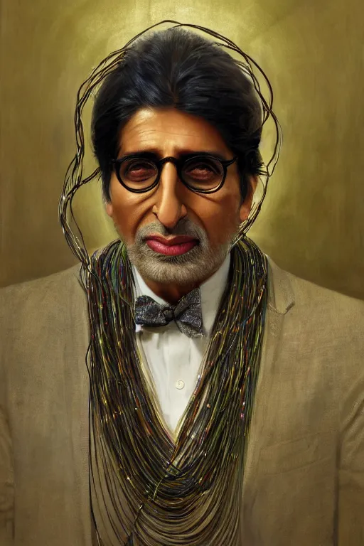 Image similar to hyperrealist portrait of amitabh bacchan, it is decorated with long wires that fall like vines and wears small computers over their body. by jeremy mann and alphonse mucha, fantasy art, photo realistic, dynamic lighting, artstation, poster, volumetric lighting, very detailed faces, 4 k, award winning