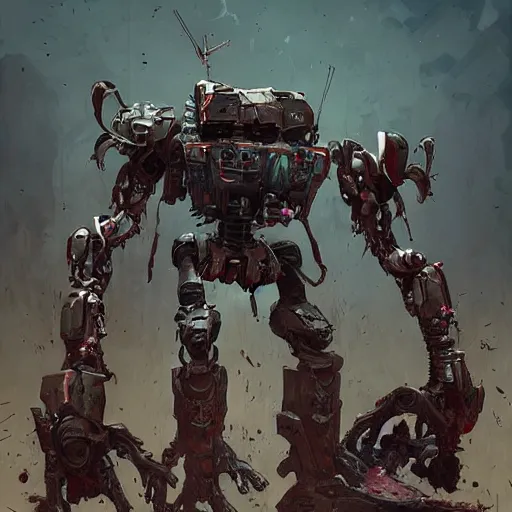 Prompt: zombie - battlemech with bloody - flesh, grimdark magic, elegant, digital illustration, detailed, intricate, sharp focus, digital painting, deep focus, digital painting, artstation, concept art, matte, art by artgerm and greg rutkowski and alphonse mucha