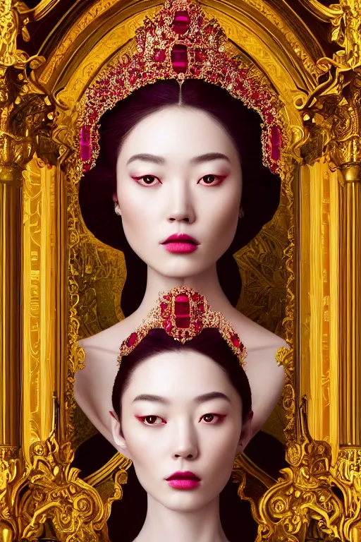 Image similar to a singular beautiful empress portrait, with a brilliant, impossible striking shiny big ruby headpiece, symmetrical, reflective surface, ruby clothes, rococo, baroque, jewels, asian, realistic, studio lighting, closeup, D&D, fantasy, intricate, elegant, highly detailed, digital painting, artstation, octane render, 8k, concept art, matte, sharp focus, illustration, art by Artgerm and Greg Rutkowski and Alphonse Mucha