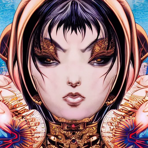 Image similar to portrait closeup of crazy chun li, symmetrical, by yoichi hatakenaka, masamune shirow, josan gonzales and dan mumford, ayami kojima, takato yamamoto, barclay shaw, karol bak, yukito kishiro