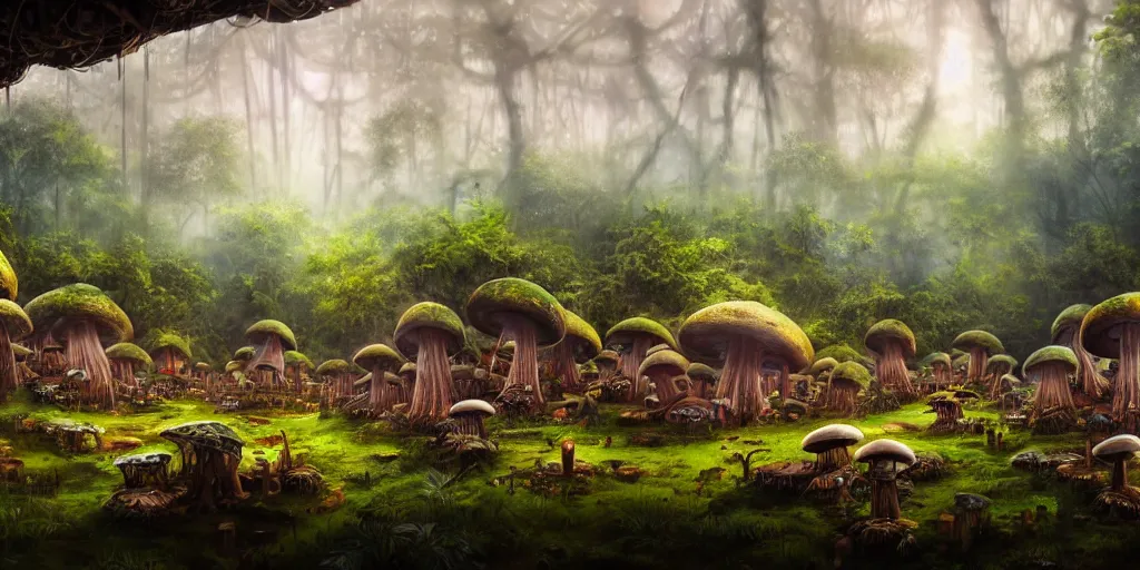 Prompt: a clearing in the jungle reveals a village of mushroom huts populated by chrome drillbots and waydroids, matte oil painting, science fantasy, retrofuturistic, biblical, rpg, queer, pride, epic, extremely detailed, sharp focus, 4 k