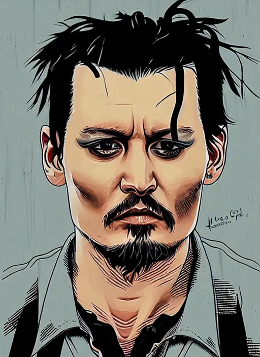 Image similar to highly detailed delirium face portrait of johnny depp in prison by petros afshar, tom whalen, laurie greasley, war face by greg rutkowski