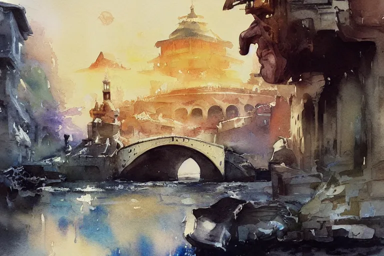 Prompt: small centered on watercolor paper, paint brush strokes, abstract watercolor painting of ancient city palace, cinematic light, national romanticism by hans dahl, by jesper ejsing, by anders zorn, by greg rutkowski, by greg manchess, by tyler edlin