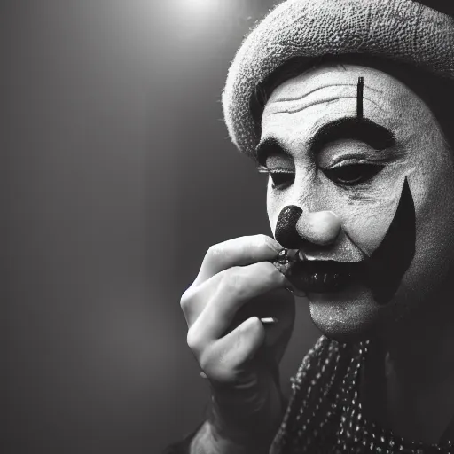 Prompt: an old 5 0 mm close up portrait of a man putting on clown makeup in a dark foggy alley