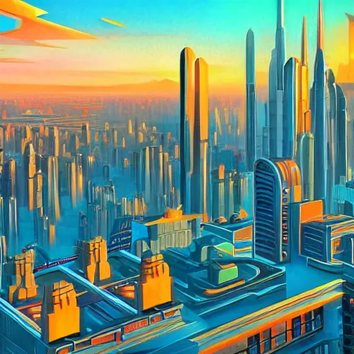 Image similar to futuristic art deco city, realistic style, bold colors, at golden hour