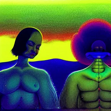 Image similar to close up portrait of a man and woman having fun with lsd and magic mushrooms by kawase hasui, moebius, Edward Hopper and James Gilleard, Zdzislaw Beksinski, Steven Outram, 8k, volumetric lighting, artstation