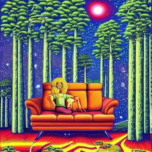 Prompt: psychedelic trippy couch pine forest, planets, milky way, sofa, cartoon by rob gonsalves spruce s - 4 5