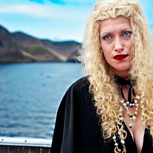 Image similar to a blonde woman in a black robe lying on the deck of a ship, a beautiful english woman with a long face narrow nose pale skin blue eyes red lips and wild messy tangles of curly white blonde hair, high resolution film still wearing a black robe and skull necklace and holding a spear, sandy, a journey to the west