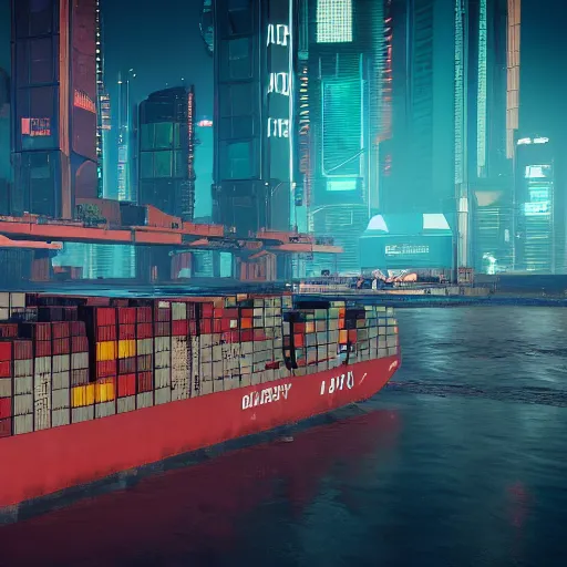 Image similar to an anti-gravity (futuristic container vessel) hovering at port in Night City Cyberpunk 2077, muted cyberpunk style, tranquil, steady, atmospheric, sweltering, autochrome, 8k, reflections, octane render, unreal engine 5