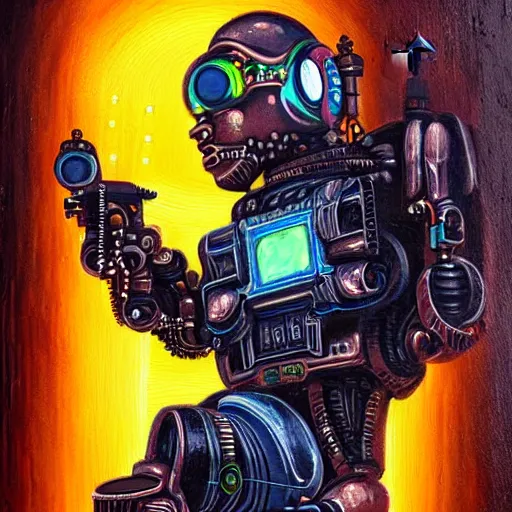 Prompt: beautiful detailed religious oil painting of robotic cyberpunk jesus with a gun in a neon city