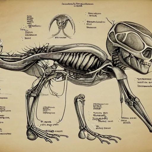 Image similar to anatomical drawing of an alien creature, with organs labeled