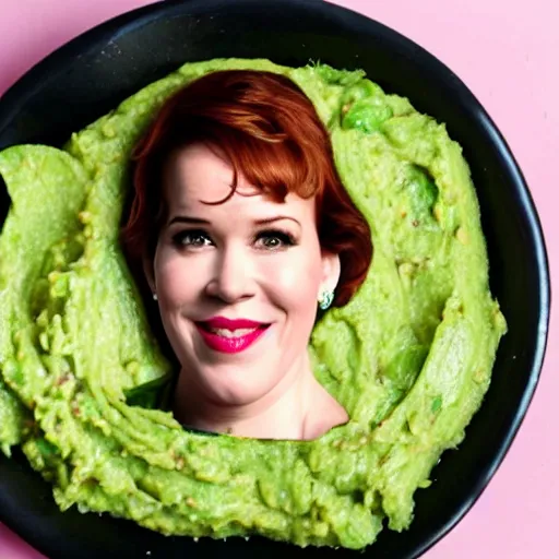 Image similar to molly ringwald face on a pile of guacamole