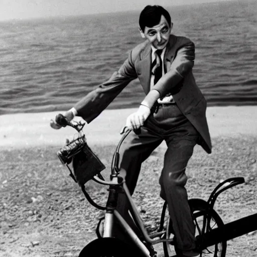 Prompt: Archival photo of Mr Bean riding the atomic bomb