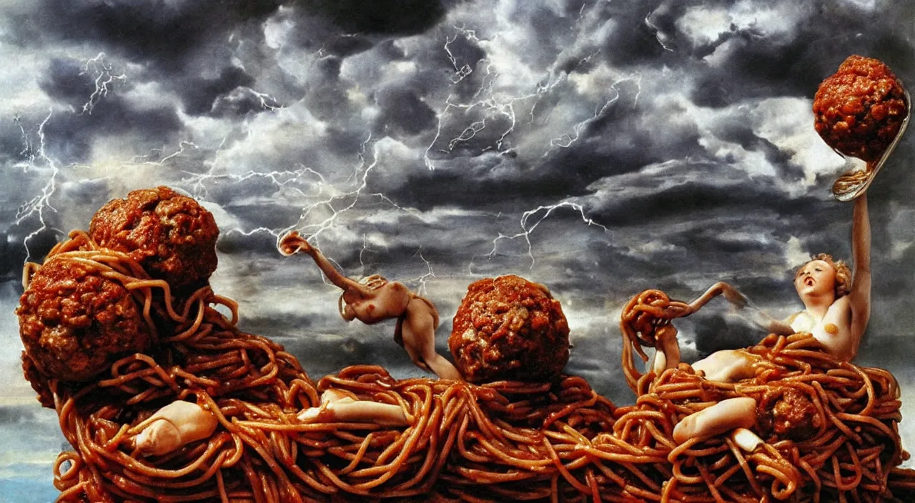 Image similar to perfect woman bodies inside spaghetti bolognesa with meatballs and hundred rusted perfect woman bodies flying in stormy clouds by dali, hyper - realism