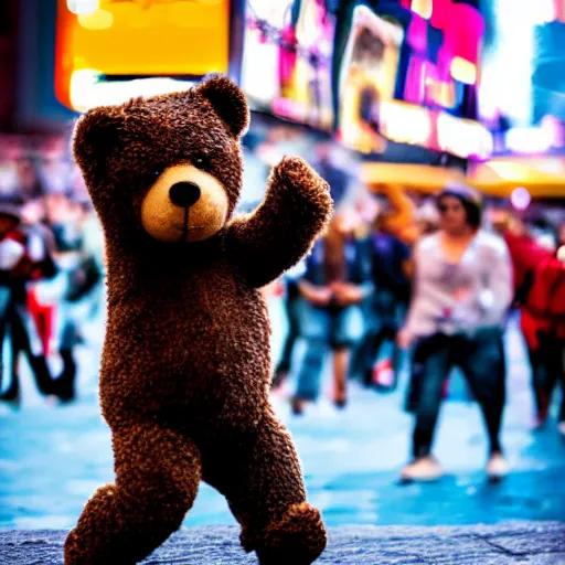 Prompt: teddy bear skateboarding in time square, bokeh, hyper realistic, street photography