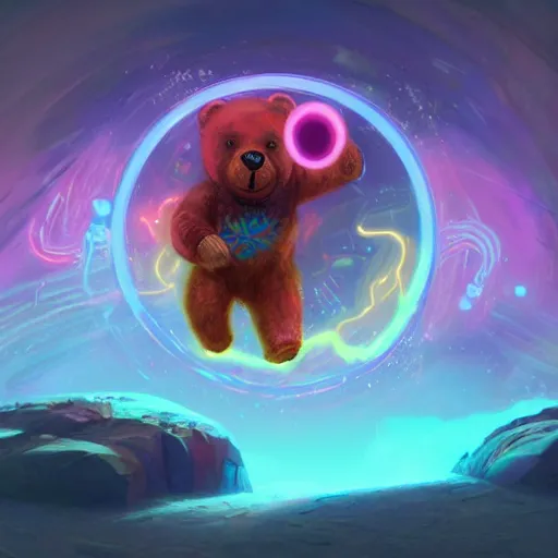 Prompt: a beautiful colorful interesting detailed sci-fi fantasy scene of a teddy bear going through a swirling mystical time portal, magic the gathering, Marc Simonetti and Victo Ngai, neon pastel color palette, vibrant 8k rendering, concept art, trending on artstation HQ