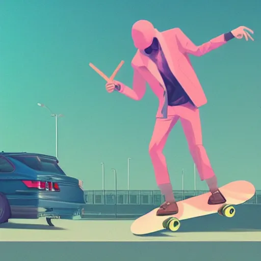 Image similar to a man holding a skateboard standing in front of a car, concept art by beeple, featured on cgsociety, retrofuturism, retrowave, synthwave, outrun