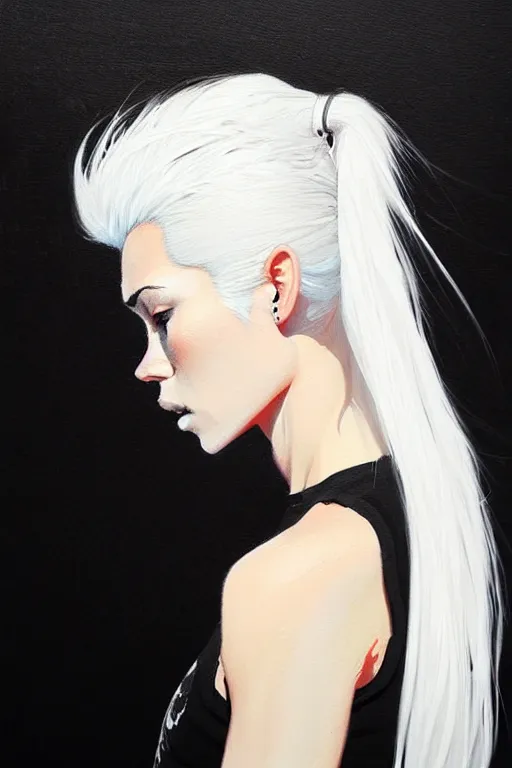 Prompt: a ultradetailed beautiful painting of a stylish woman in with white hair in a ponytail, she is wearing a black tank top, by conrad roset, greg rutkowski and makoto shinkai trending on artstation