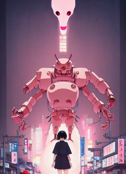 Image similar to Artwork by James Jean, Phil noto and hiyao Miyazaki; a young Japanese future samurai police girl named Yoshimi battles an enormous looming evil natured carnivorous pink robot on the streets of Tokyo; Japanese shops and neon signage; crowds of people running; Art work by studio ghibli, Phil noto and James Jean