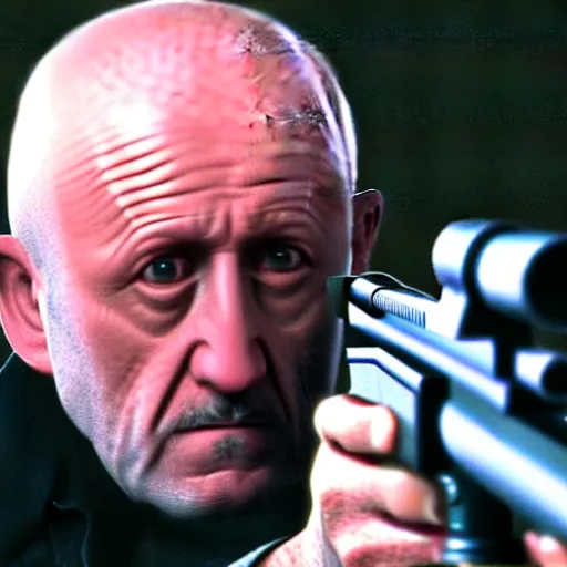 Prompt: Film Still of Mike Ehrmantraut aiming a sniper rifle and wearing a bulletproof vest, 4k, highly detailed, centered