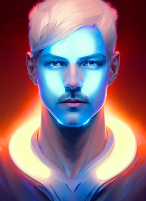 Image similar to symmetry!! portrait of man with blue flaming hair, sci - fi, glowing lights!! intricate, elegant, highly detailed, digital painting, artstation, concept art, smooth, sharp focus, illustration, art by artgerm and greg rutkowski and alphonse mucha,