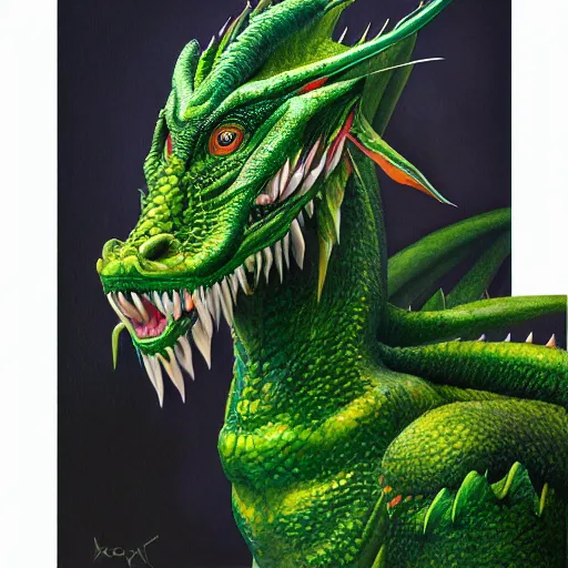 Prompt: realistic, full body portrait, painting, large green dragon, kodachrome, cgi, hd, detailed