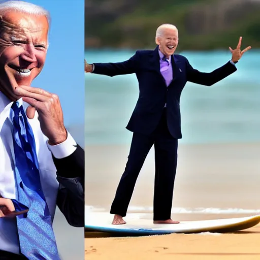 Prompt: surfing joe biden as mr. bean as the joker from batman, surfing still from batman vs bean at the beach, 2 0 2 0