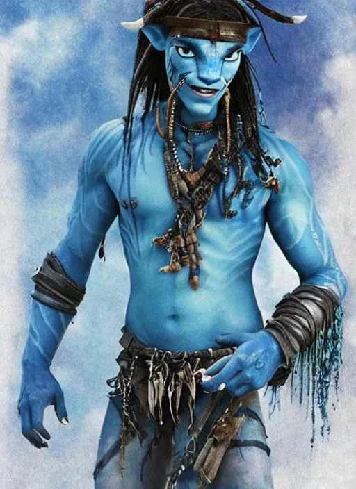 Image similar to johny Depp in the movie avatar as blue creature, tattoo's, warrior, movie poster