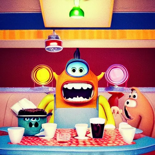 Image similar to cute monsters in a diner, Pixar style