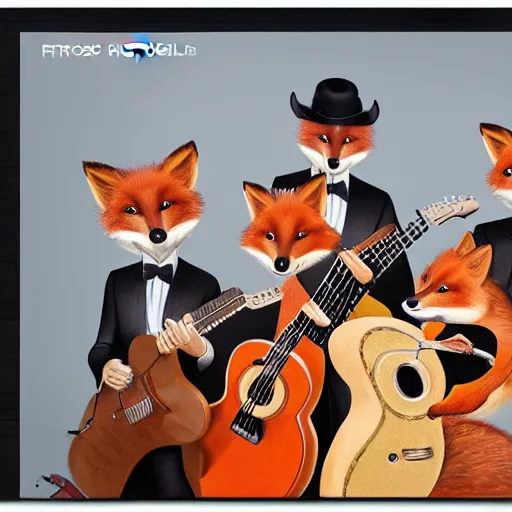 Prompt: photorealistic music album cover, with foxes animals dressed in suits, holding guitars, on a beach, all looking at camera, studio lighting, award winning photograph, 8 5 mm f / 1. 4