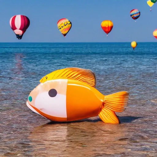 Prompt: a fish floating away from the sea tied to a ballon