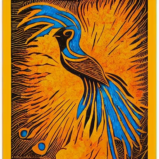 Prompt: a bird rising above the flames, mexican folk art, native american folk art, relief engraving, framed art, intricate abstract, mild expressionism, award winning