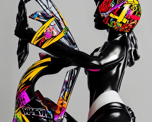 Image similar to extremely beautiful female black marble statue with colorful motocross logos behind her, sharp focus, clear, detailed,, cinematic, detailed, off white, glamourous, symmetrical, vogue, editorial, fashion, magazine shoot, glossy