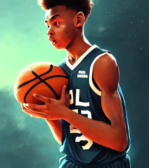 Prompt: portrait of a boy at a basketball court playing basketball wearing a basketball uniform in a basketball court, intense emotion, intricate, elegant, highly detailed, centered, digital painting, artstation, concept art, smooth, sharp focus, illustration, by Peter Mohrbacher, WLOP