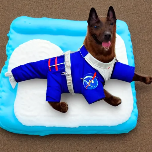Image similar to an astronaut dog floating towards a giant dog treat