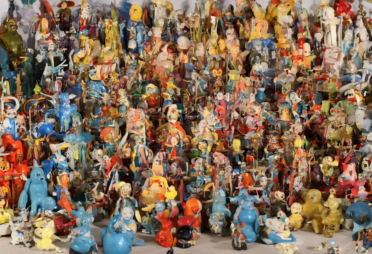 Prompt: vintage collection of 1 9 6 0 s cartoon occult sculpture toys on display