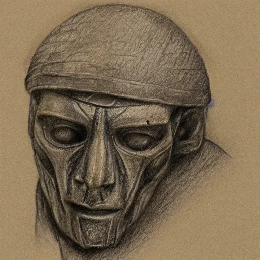 Image similar to on the head of a warrior, lies the hand of a mummy, pencil drawing, engraving, simple drawing, few details