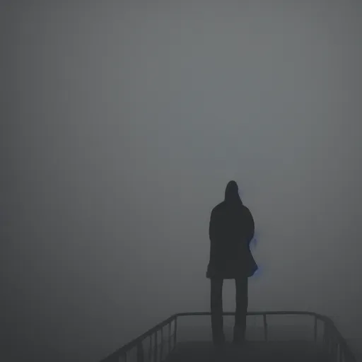 Prompt: a black silhouette of a person standing on a grey skyscraper looking over at the gray dystopian city, fog, moody