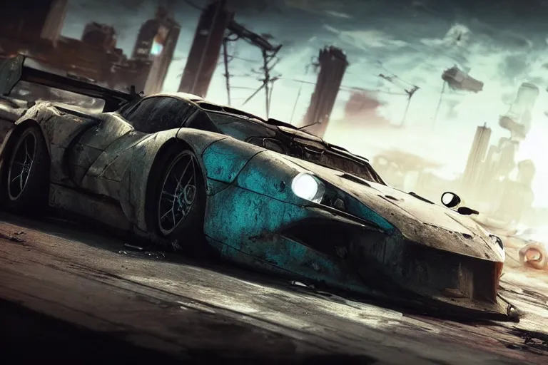 Image similar to photo wallpaper post - apocalyptic cyberpunk battle car gran turismo 7 forza horizon need for speed fast and furious 5 unreal engine cyberpunk supercar hypercar game concept car octane render, 4 khd 2 0 2 2 3 d cgi rtx style chrome reflexion global illumination ray tracing hdr arstation pixar and disney unreal